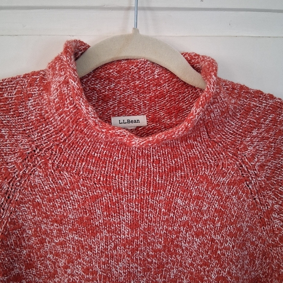 L.L. Bean Womens Coral/White Cotton Ragg Funnelneck Pullover Space Dye Sweater - Picture 8 of 16